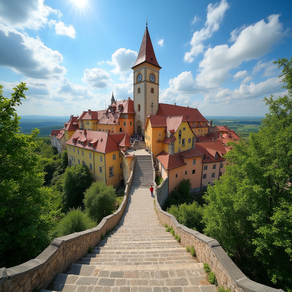 Cetatea medievală din Sighișoara cu turnuri și case colorate