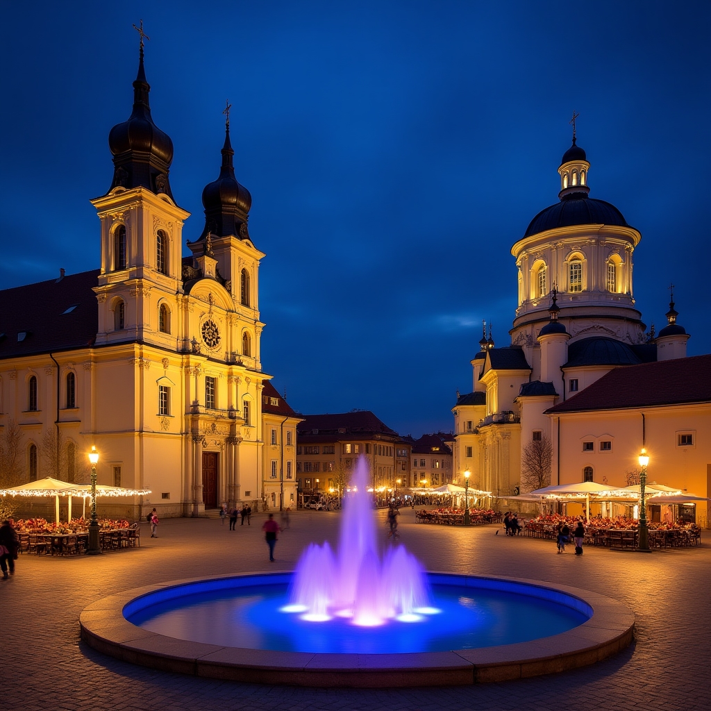 Piața Unirii din Timișoara seara cu clădiri iluminate